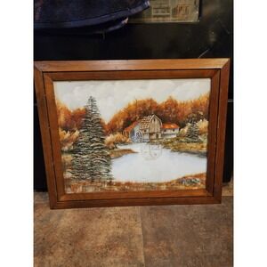 Vintage Original Signed Oil Painting, Water Mill Autumn Winter Landscape, Framed